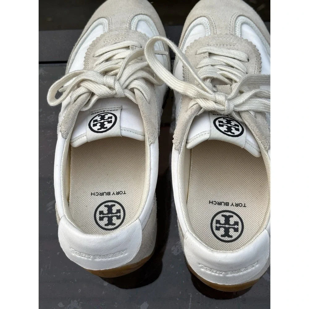 $238 Tory Burch  Hank White /Beige Sneakers Sz 7.5M